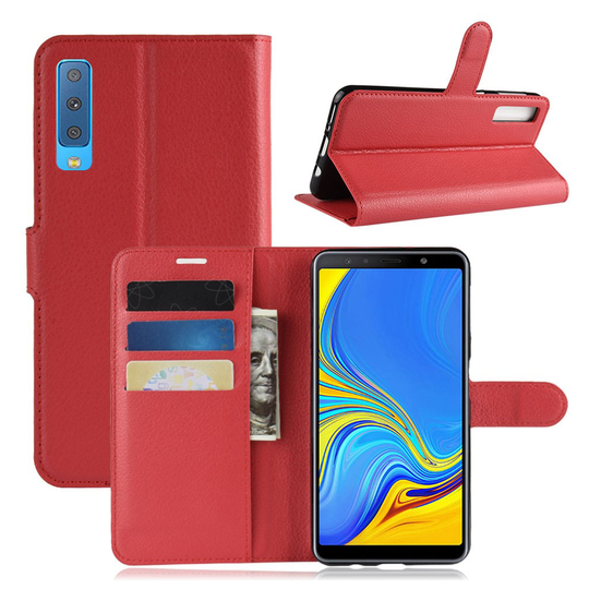 Samsung Galaxy A7 (2018) synteetti nahkainen lompakko kotelo missä liitsihedelmä jyväinen rakenne pinta - Punainen