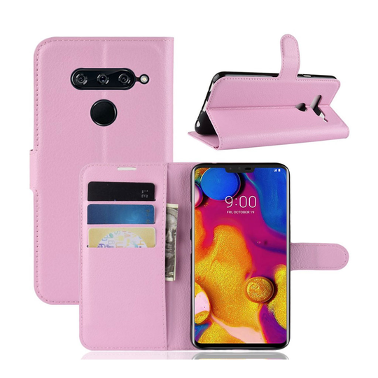 LG V40 ThinQ litsi pintainen nahkainen flip suojakotelo - Pinkki