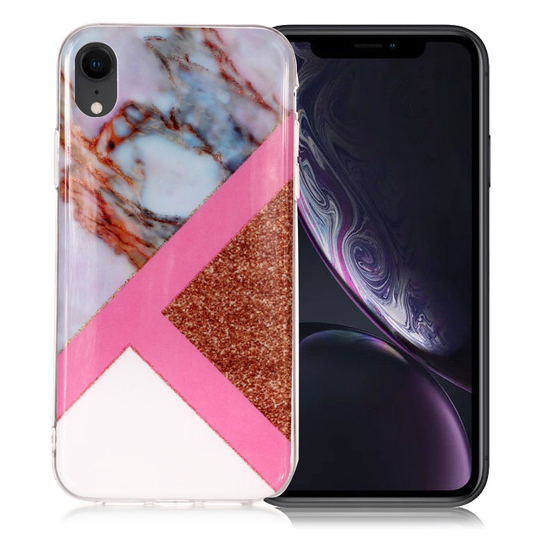 iPhone Xr kimalteleva silikooni muovinen takasuoja kuori IMD marmori kuviolla - Pinkki/ Ruusu Kulta