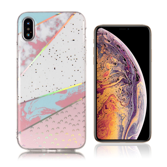 iPhone Xs Max Värikäs laaseri marmori kuviollinen silikooni muovinen takasuoja kuori - Valkoinen/ Pinkki