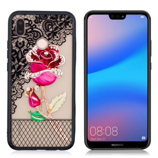 Huawei P20 Lite tekojalokivi Kukka combo suojakotelo - Ruusu