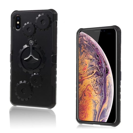 iPhone 9 Plus Hammaspyörä Kuviollinen Hybriidi Muovinen Takasuoja Kuori Jalkatuella - Musta