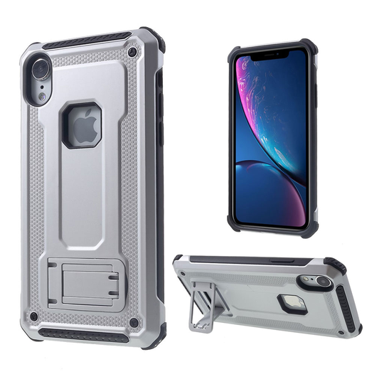 iPhone Xr hybriidi muovinen takasuoja kuori sisäänrakennetulla jalkatuella - Hopea