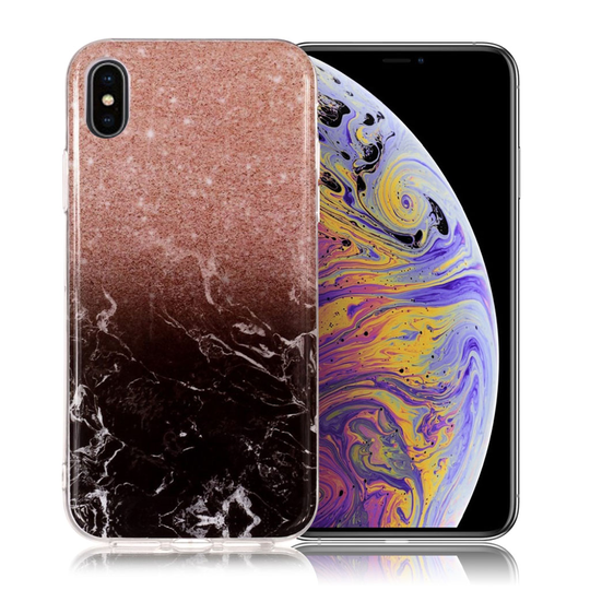 iPhone Xs Max IMD Marmori Kuviollinen Muovinen Takasuoja Kuori - Ruusu Kulta/ Musta
