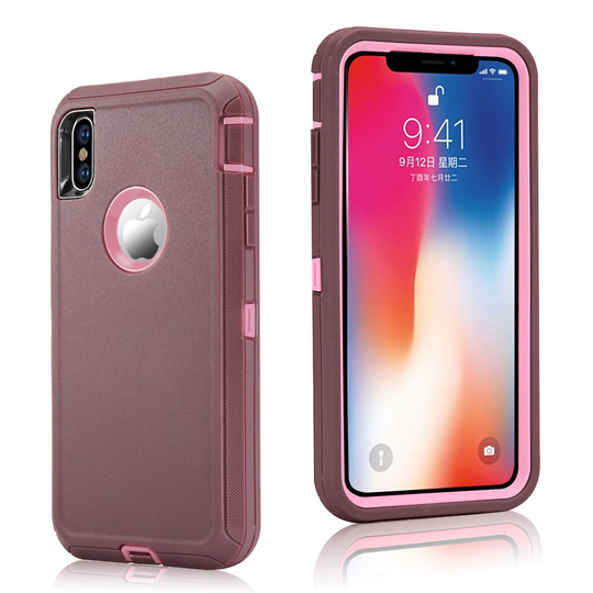 iPhone Xs Max iskukestävä hybriidi muovinen takasuoja kuori - Kahvi/ Pinkki