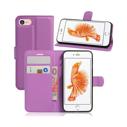 Laudrup iPhone 7 / 8 Litsi Pintainen Nahkakotelo Lompakko Standillä - Violetti