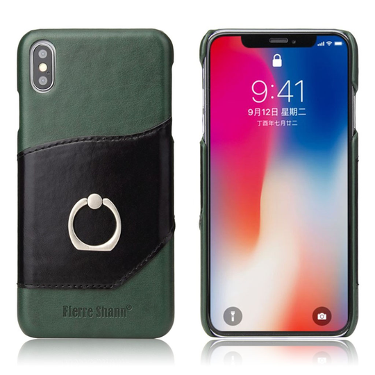 iPhone Xs Max FIERRE SHANN lehmän nahkainen kova muovinen suojakuori sormirenkaalla ja kortti paikalla - Vihreä
