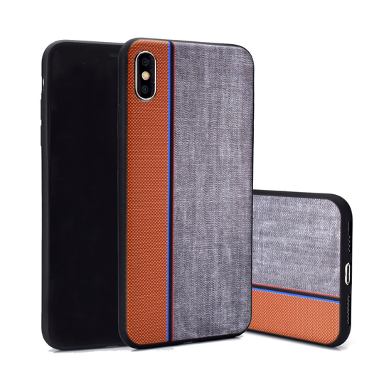 iPhone XS kaksisävyinen farkku kangas rakenne silikooni muovinen takasuoja kuori - Harmaa/ Punainen