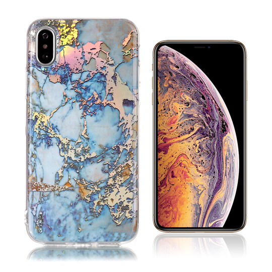 iPhone Xs Max Värikäs IMD marmori pinnoitettu kuviollinen silikooni muovinen takasuoja kuori - Tumman Sininen