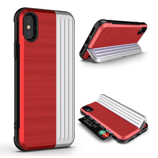 iPhone Xr ANGIBABE hybriidi muovinen takasuoja kuori kortti paikalla - Punainen/ Hopea