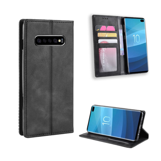 Samsung Galaxy S10 Plus vintage tyylinen nahkainen flip suojakotelo - Musta
