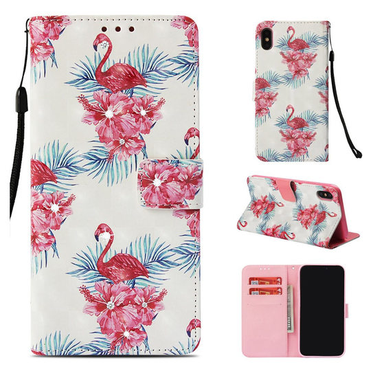 iPhone Xs Max synteetti nahkainen kuviollinen kimalteleva lompakko suojakotelo - Kukat Ja Flamingot