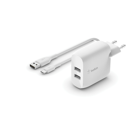 Dual USB-A Wall Charger W/1M PVC A-C 24W