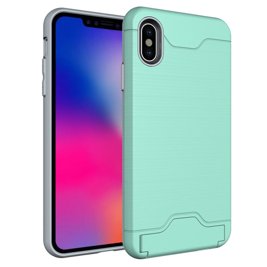 iPhone 9 Plus Harjattu Pintainen Hybriidi Muovinen Takasuoja Kuori Salaisella Korttipaikalla - Cyaani