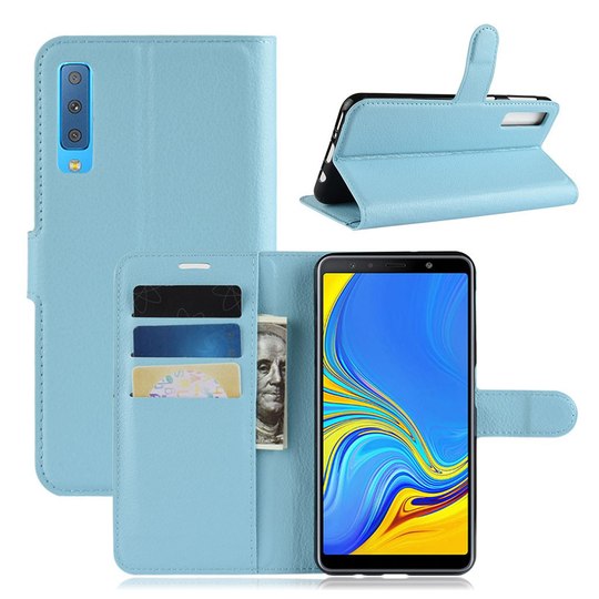 Samsung Galaxy A7 (2018) synteetti nahkainen lompakko kotelo missä liitsihedelmä jyväinen rakenne pinta - Sininen
