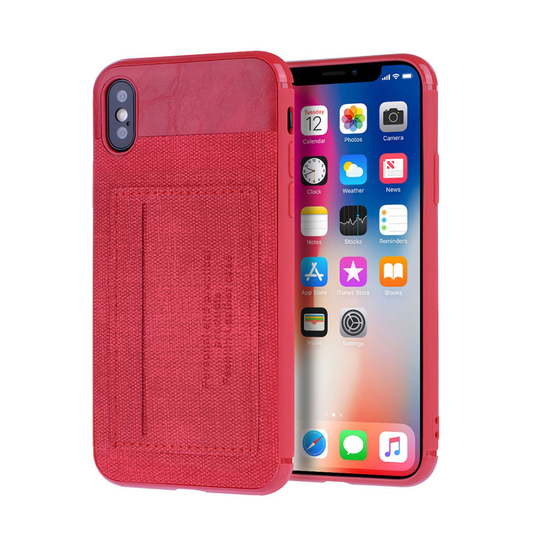 iPhone Xs Max silikooni muovinen takasuoja kuori farkku kangas kortti paikalla - Punainen