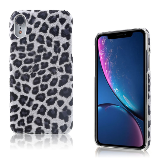 iPhone Xr kova muovinen takasuoja kuori pinnoitettu kuviollisella synteetti nahalla - Valkoinen Leopardi