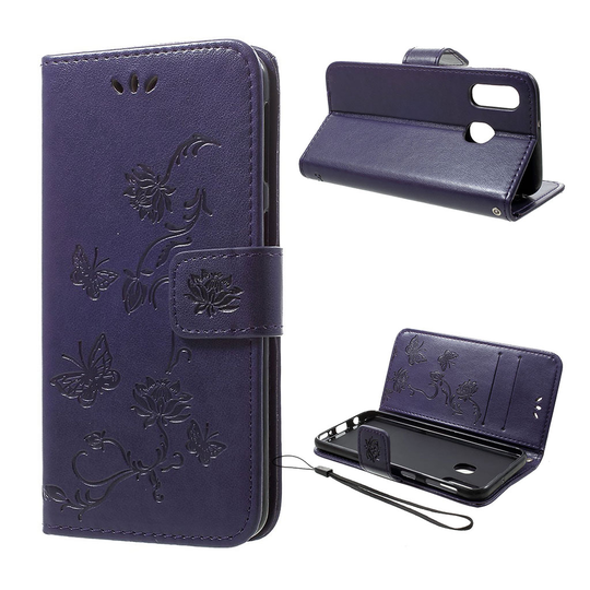 Samsung Galaxy A40 imprint butterfly leather case - Dark Purple