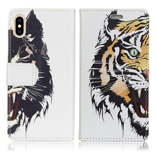iPhone Xs Max Kuviollinen Synteetti Nahkainen Lompakko Kotelo Korttipaikoilla - Tiikeri