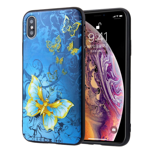 iPhone Xs Max embossment hybrid case - Gold and Blue Butterflies