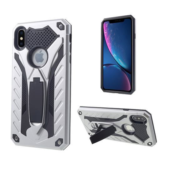 iPhone Xs Max iskukestävä harjattu hybriidi muovinen takasuoja kuori jalkatuella - Hopea