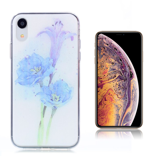 iPhone Xs Max ohut kuviollinen pehmeä silikooni muovinen suojakuori - Sininen Kukka