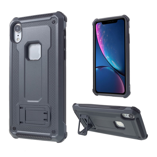 iPhone Xr hybriidi muovinen takasuoja kuori sisäänrakennetulla jalkatuella - Harmaa