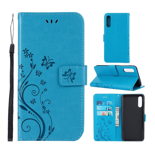 Samsung Galaxy A50 imprint butterfly flower leather case - Blue