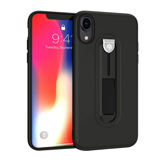 iPhone 9 Matta Pintainen Muovinen Takasuoja Kuori Jalkatuella - Musta