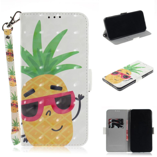 iPhone 9 Plus Kimalteleva Kuviollinen Synteetti Nahkainen Lompakko Suojakotelo - Ananas Rilleillä