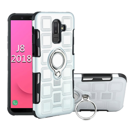Samsung Galaxy J8 (2018) Geometrisesti Kuvioitu Hybriidi Muovinen Takasuoja Kuori Jalkatuella Ja Magneetilla - Hopea