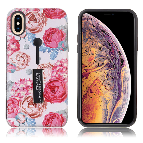iPhone Xs Max Kukka kuviollinen hybriidi muovinen takasuoja kuori jalkatuella - Pinkit Peonit
