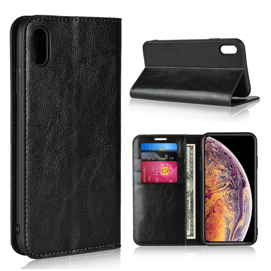 iPhone Xs Max villihevos rakenne aito nahkainen seisova lompakko suojakotelo - Musta