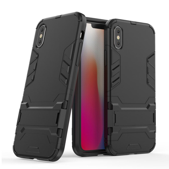 iPhone XS Liukuestoinen metalli pintainen hybriidi muovinen takasuoja kuori jalkatuella - Musta
