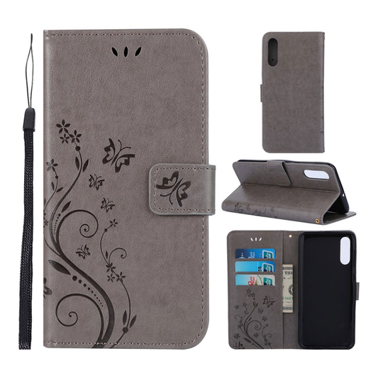 Samsung Galaxy A50 imprint butterfly flower leather case - Grey