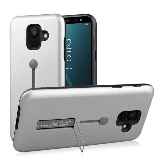 Samsung Galaxy A6 (2018) Silikooni Ja Muovi Hybriidi Takasuoja Kuori Jalkatuella - Hopea