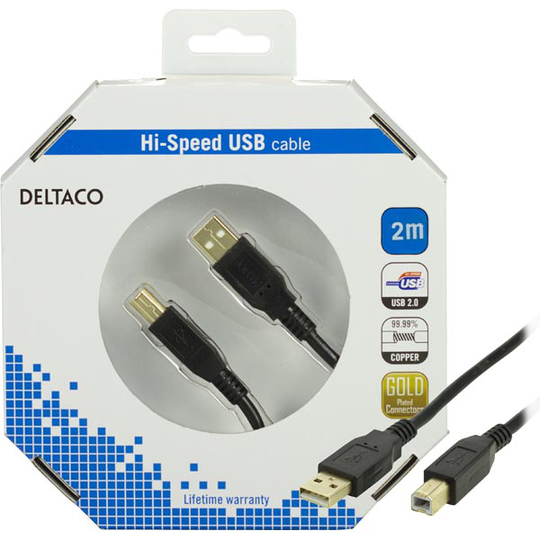 DELTACO USB 2.0 kaapeli A-tyyppi uros - B-tyyppi uros 2m musta
