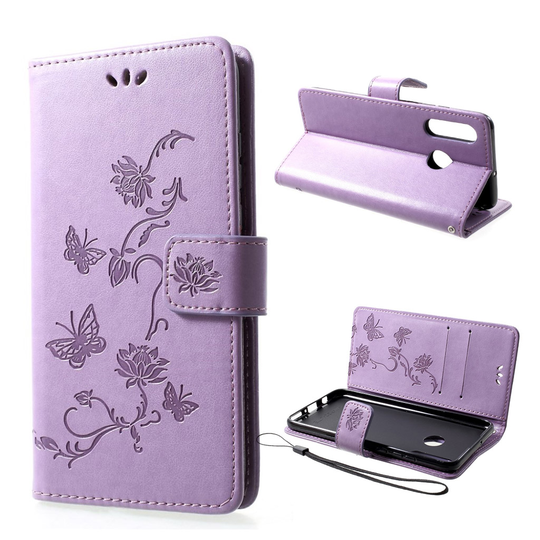 Huawei P30 Lite painettu Perhonen Kukka nahkainen flip suojakotelo - Vaaleanvioletti