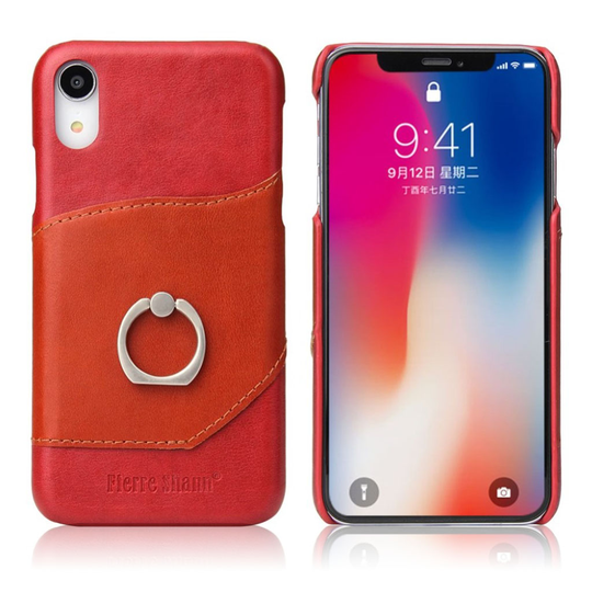 iPhone Xr FIERRE SHANN ohut lehmän nahka pintainen kova muovinen takasuoja kuori kortti paikalla - Punainen