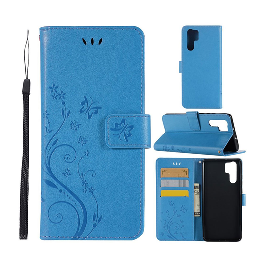 Huawei P30 Pro painettu Perhonen Kukka nahkainen flip suojakotelo - Sininen