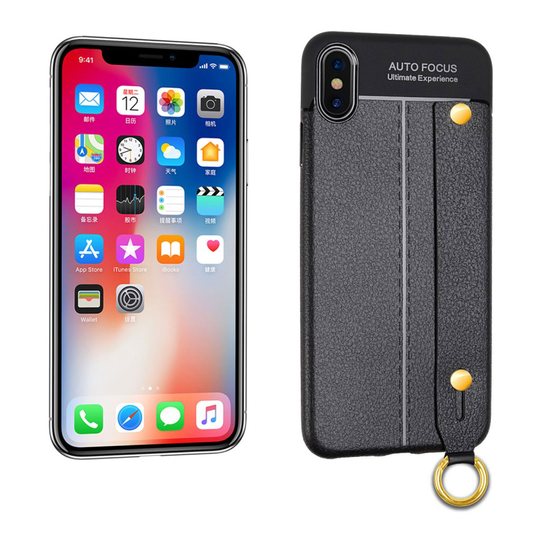 iPhone Xs Max liitsihedelmä jyvä pintainen silikoonimuovinen suojakuori avaimenperällä - Musta