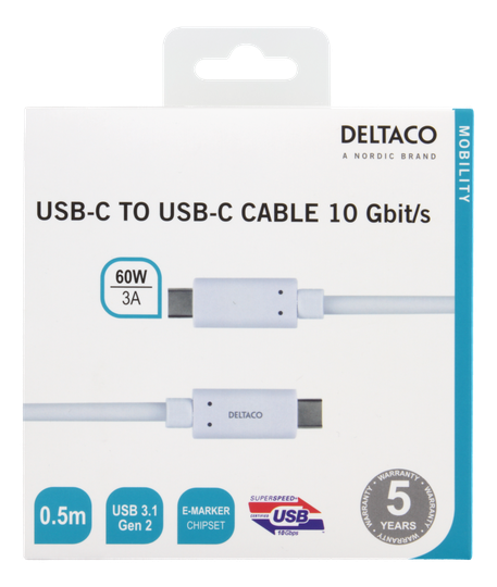 USB-C-kaapeli, 0,5 M, 60 W USB PD, 10 Gbps, Valkoinen