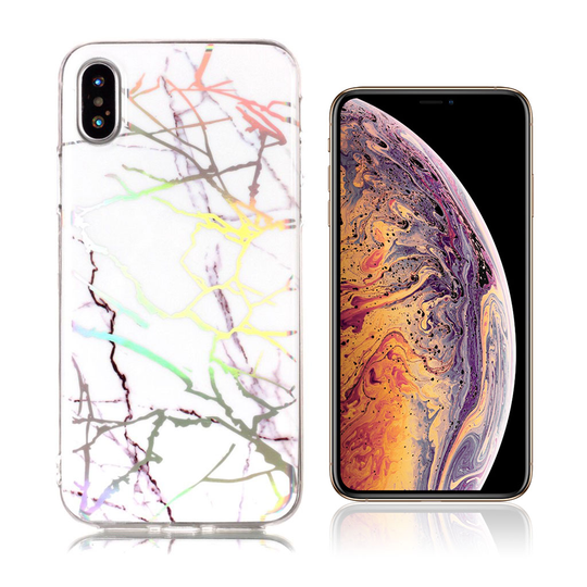 iPhone Xs Max Värikäs laaseri marmori kuviollinen silikooni muovinen takasuoja kuori - Valkoinen