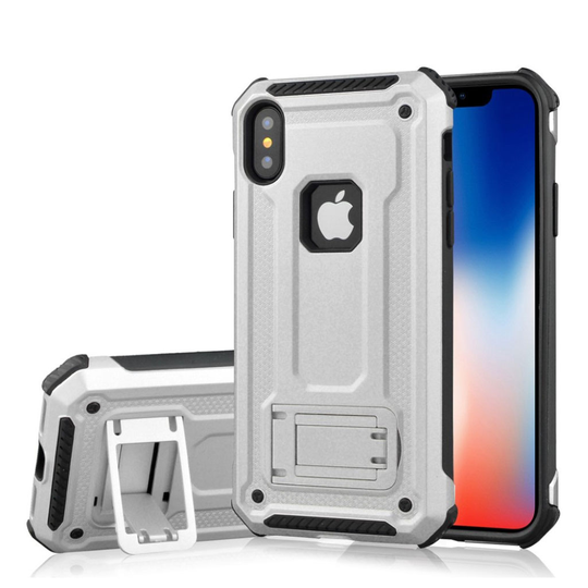 iPhone Xs Max hybriidi muovinen takasuojakuori jalkatuella - Hopea