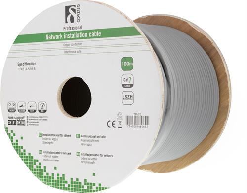 S/FTP Cat7, Asennuskaapeli, 100m Kerä, 600MHz, Delta-sertifioitu, Harmaa