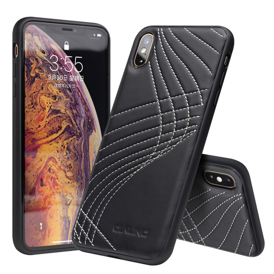 iPhone XS QIALINO hybriidi muovinen suojakuori pinnoitettu aidolla raita kuviollisella nahalla - Valkoinen Kuvio