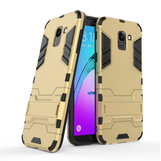 Samsung Galaxy J6 (2018) Cool Guard Hybriidi Muovi Takasuoja Kuori Jalkatuella - Kulta