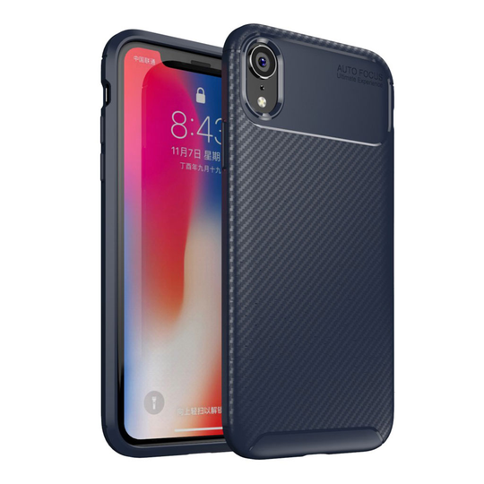 iPhone Xr Beetele sarjan hiilikuiutu harjattu silikooni muovinen takasuoja kuori - Tumman Sininen