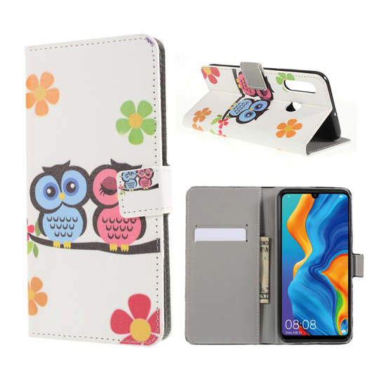 Huawei P30 Lite kuvioitu nahkainen flip suojakotelo - Pöllö Rakastajat