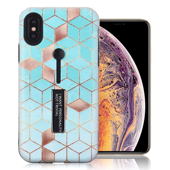 iPhone Xs Max vinoneliö kuviollinen hybriidi muovinen takasuoja kuori jalkatuella - Sininen